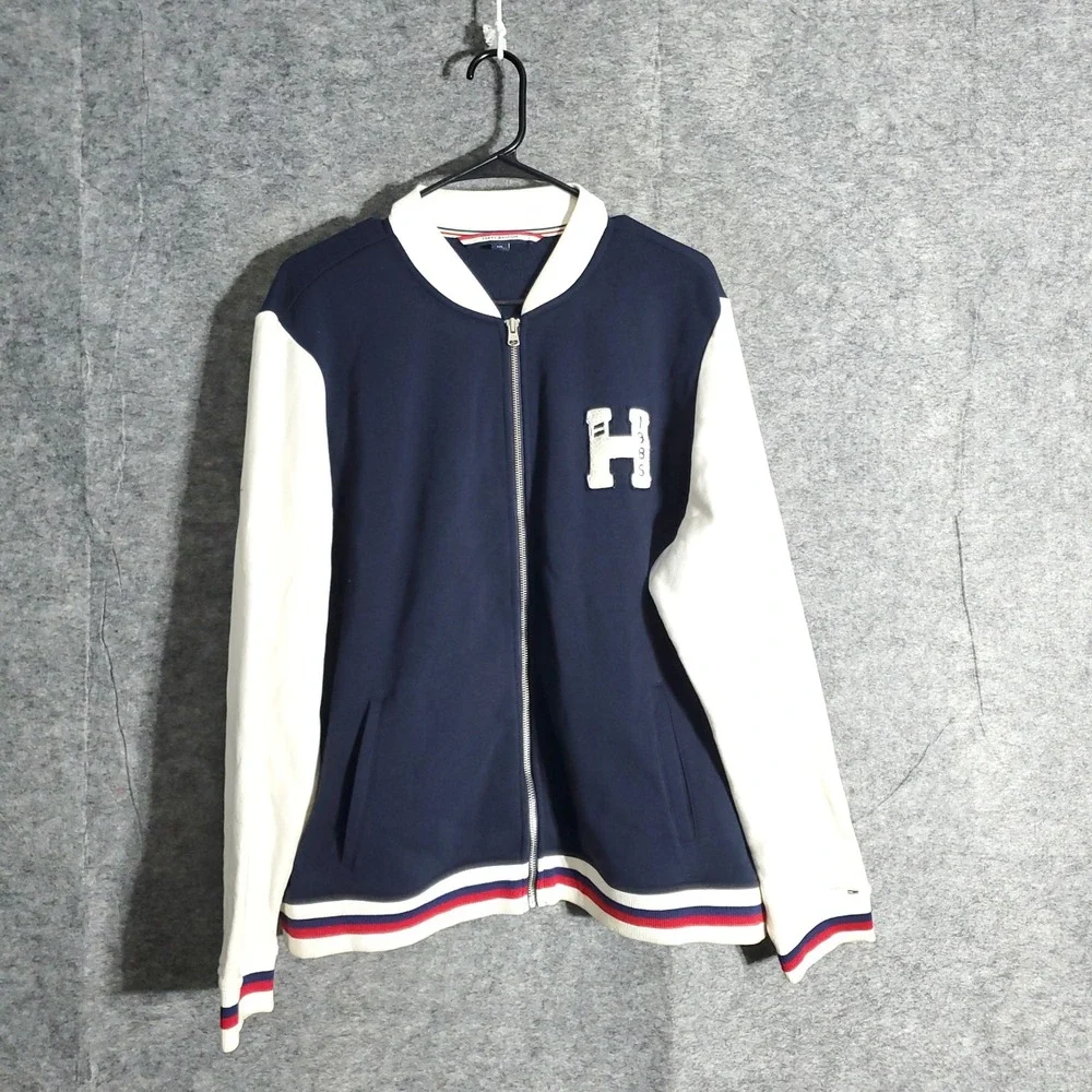 Tommy Hilfiger Jacket Mens XXL Navy White Varsity Bomber H 1985 Logo Preppy‎